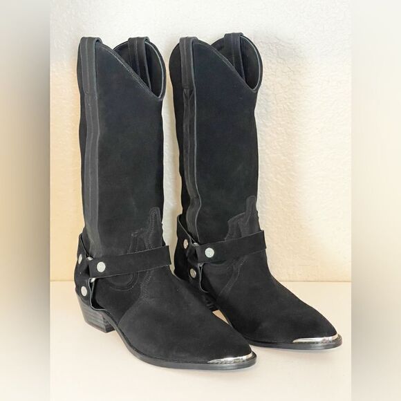 Zadig and Voltaire black suede tall cowboy harness boots French 40/US 9 - Picture 6 of 15